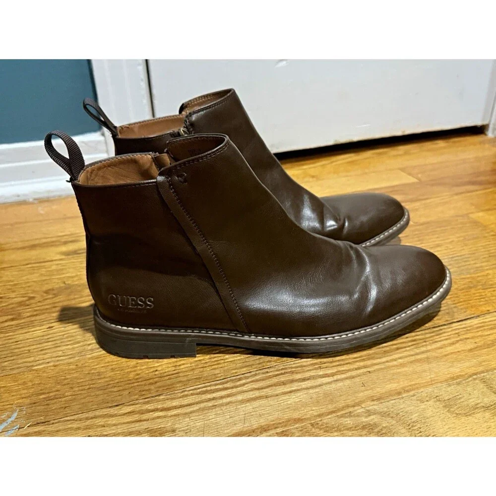 GUESS Men's Brown GmDaming Ankle Boots Size 10 Round Toe Side Zip Logo